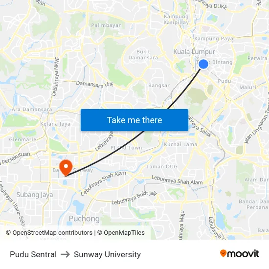 Pudu Sentral to Sunway University map