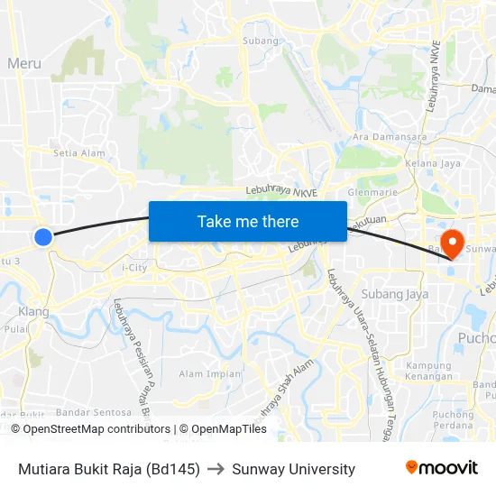 Mutiara Bukit Raja (Bd145) to Sunway University map