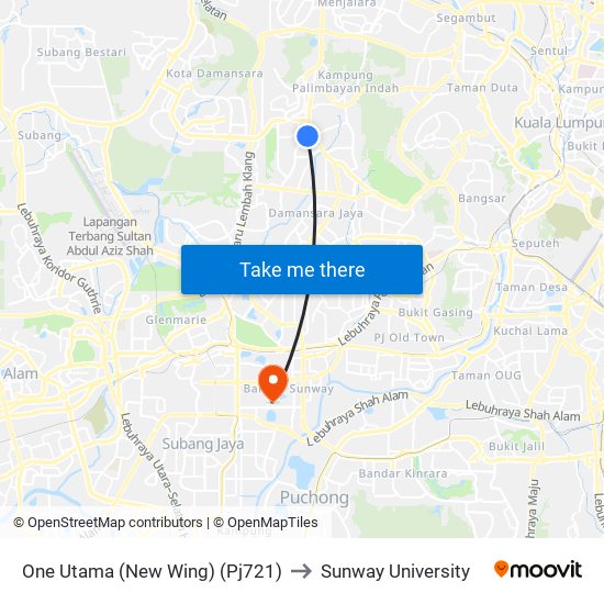 One Utama (New Wing) (Pj721) to Sunway University map