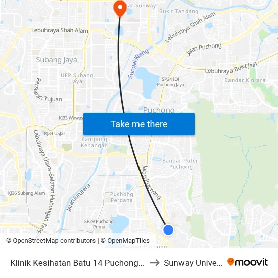 Klinik Kesihatan Batu 14 Puchong (Sj492) to Sunway University map