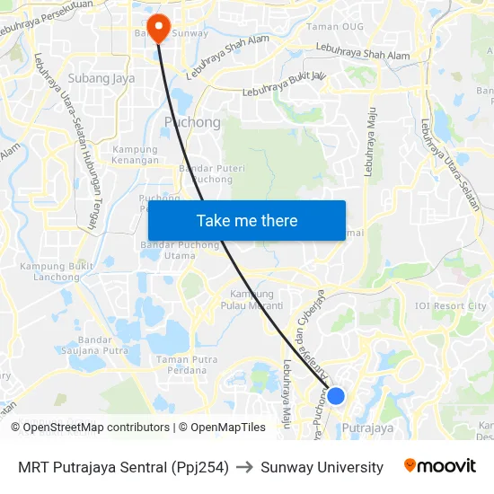 MRT Putrajaya Sentral (Ppj254) to Sunway University map