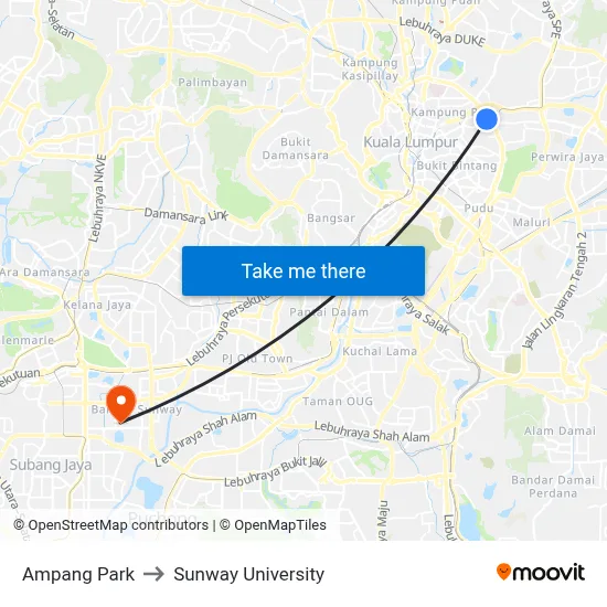 Ampang Park to Sunway University map