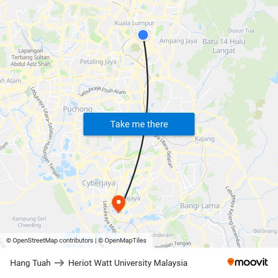 Hang Tuah to Heriot Watt University Malaysia map