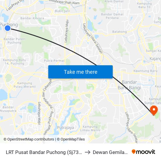 LRT Pusat Bandar Puchong (Sj735) to Dewan Gemilang map