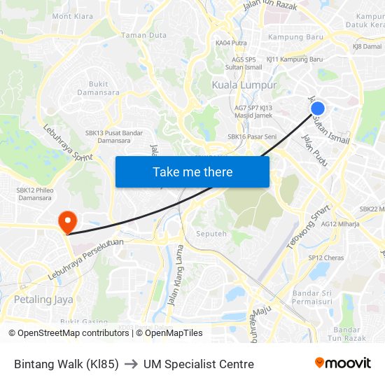 Bintang Walk (Kl85) to UM Specialist Centre map