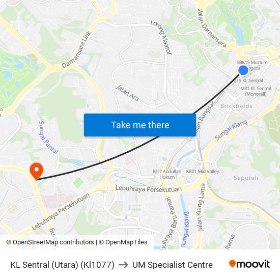 KL Sentral (Utara) (Kl1077) to UM Specialist Centre map
