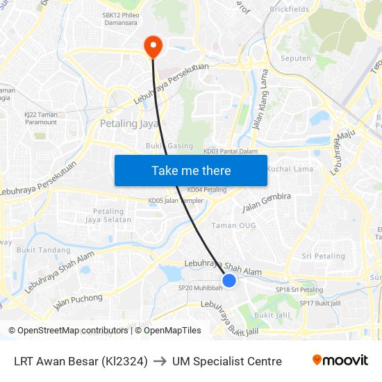 LRT Awan Besar (Kl2324) to UM Specialist Centre map