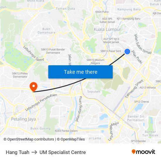 Hang Tuah to UM Specialist Centre map