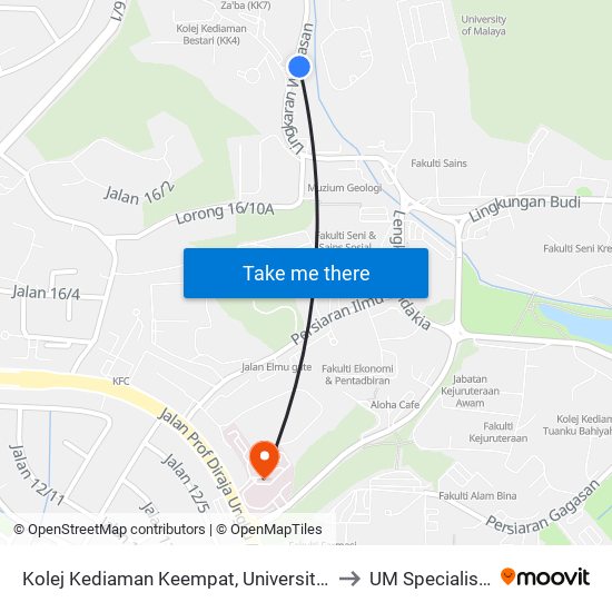 Kolej Kediaman Keempat, Universiti Malaya (Kl2348) to UM Specialist Centre map
