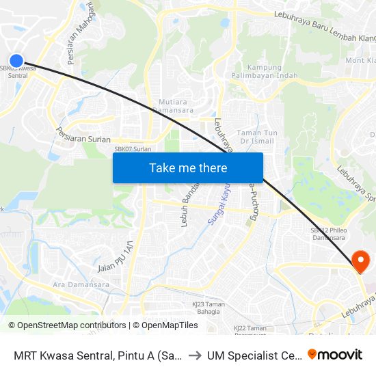 MRT Kwasa Sentral, Pintu A (Sa1020) to UM Specialist Centre map