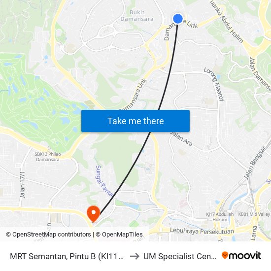 MRT Semantan, Pintu B (Kl1174) to UM Specialist Centre map