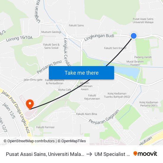 Pusat Asasi Sains, Universiti Malaya (Kl1108) to UM Specialist Centre map