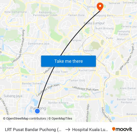 LRT Pusat Bandar Puchong (Sj735) to Hospital Kuala Lumpur map