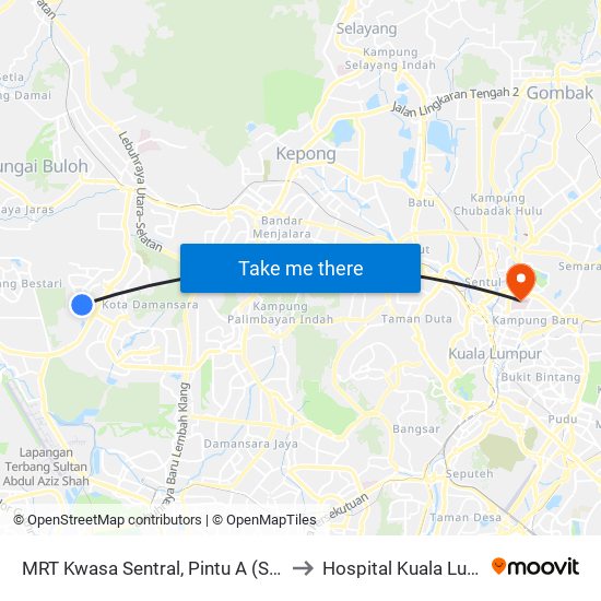 MRT Kwasa Sentral, Pintu A (Sa1020) to Hospital Kuala Lumpur map