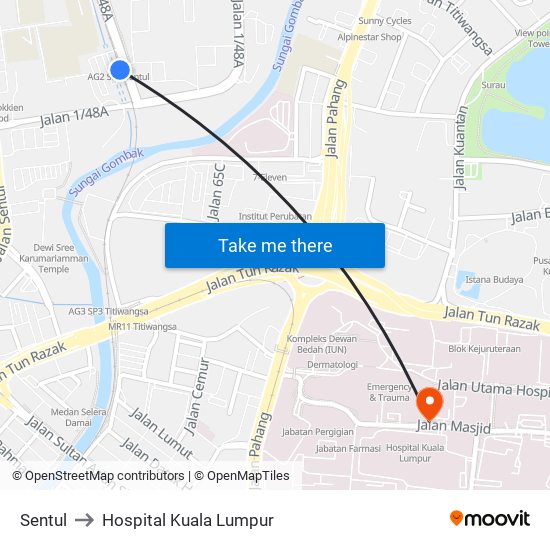 Sentul to Hospital Kuala Lumpur map