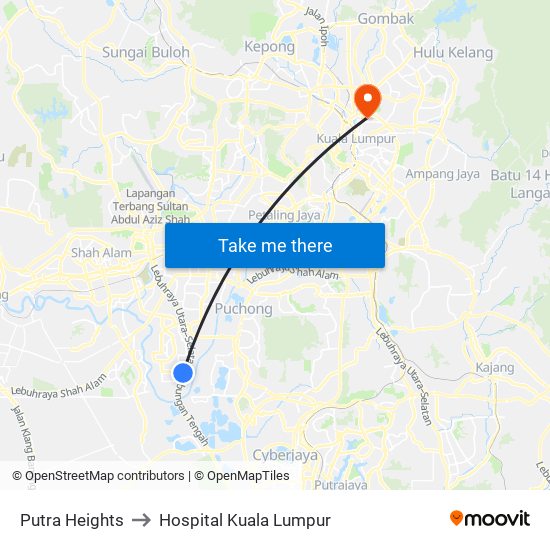 Putra Heights to Hospital Kuala Lumpur map