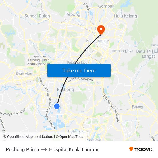 Puchong Prima to Hospital Kuala Lumpur map