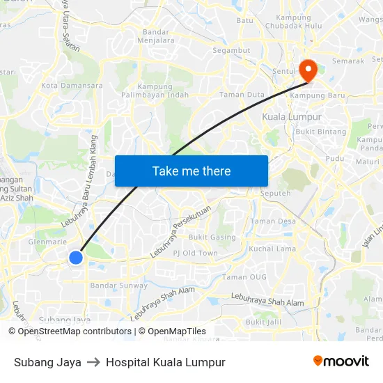 Subang Jaya to Hospital Kuala Lumpur map