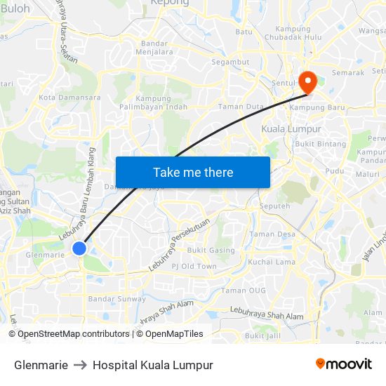 Glenmarie to Hospital Kuala Lumpur map