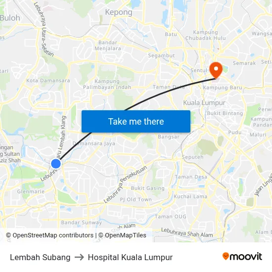 Lembah Subang to Hospital Kuala Lumpur map