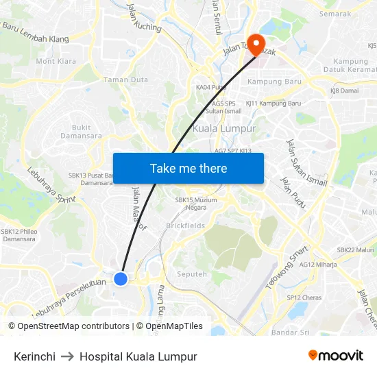 Kerinchi to Hospital Kuala Lumpur map