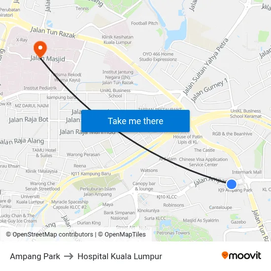 Ampang Park to Hospital Kuala Lumpur map