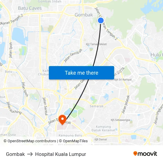 Gombak to Hospital Kuala Lumpur map