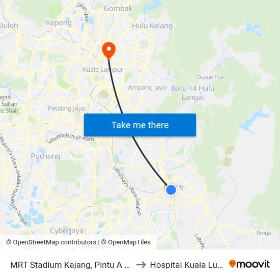 MRT Stadium Kajang, Pintu A (Kj822) to Hospital Kuala Lumpur map