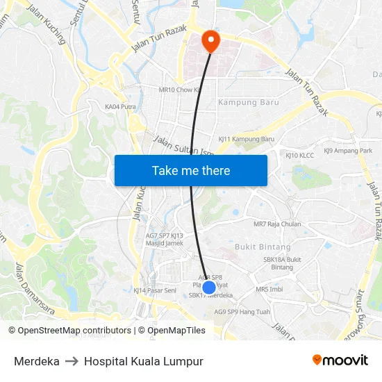 Merdeka to Hospital Kuala Lumpur map