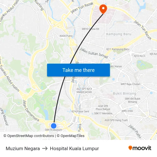 Muzium Negara to Hospital Kuala Lumpur map
