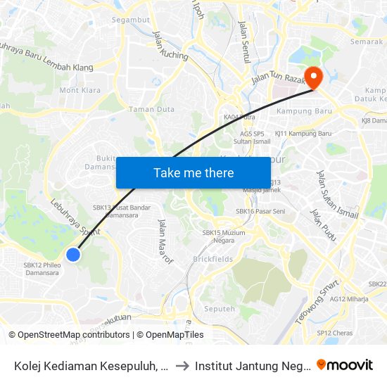 Kolej Kediaman Kesepuluh, Universiti Malaya (Opp) (Kl2345) to Institut Jantung Negara (Ijn), Jalan Tun Razak map