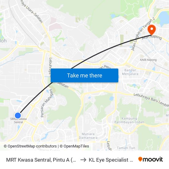MRT Kwasa Sentral, Pintu A (Sa1020) to KL Eye Specialist Centre map