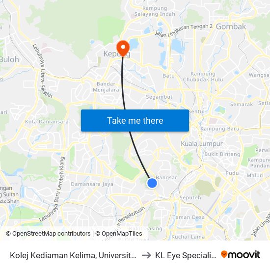Kolej Kediaman Kelima, Universiti Malaya (Kl2343) to KL Eye Specialist Centre map