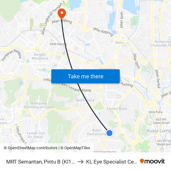 MRT Semantan, Pintu B (Kl1174) to KL Eye Specialist Centre map