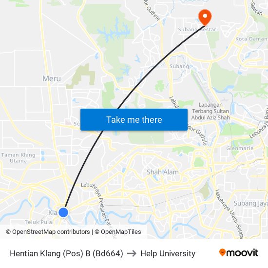 Hentian Klang (Pos) B (Bd664) to Help University map