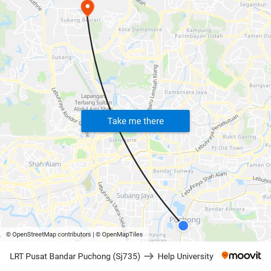 LRT Pusat Bandar Puchong (Sj735) to Help University map