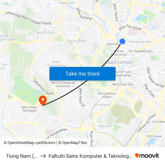 Tiong Nam (Kl42) to Falkulti Sains Komputer & Teknologi Maklumat map