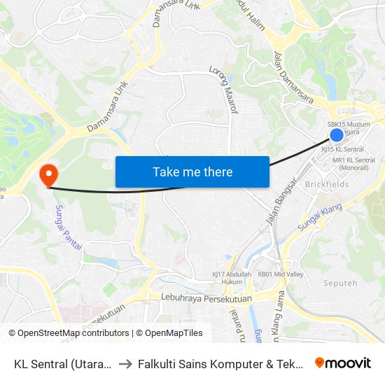 KL Sentral (Utara) (Kl1077) to Falkulti Sains Komputer & Teknologi Maklumat map