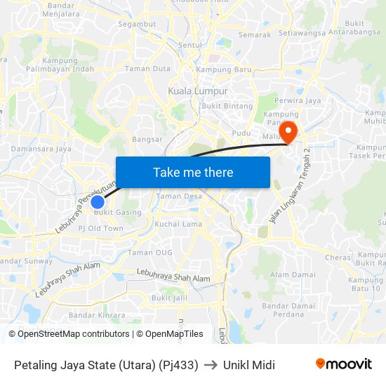 Petaling Jaya State (Utara) (Pj433) to Unikl Midi map
