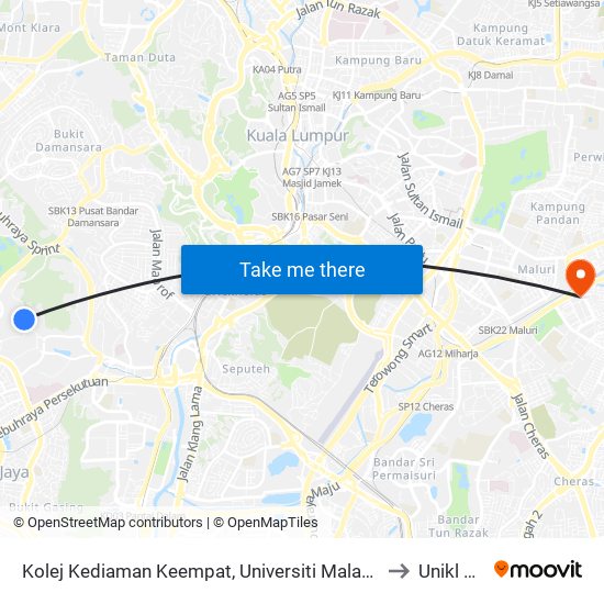 Kolej Kediaman Keempat, Universiti Malaya (Kl2348) to Unikl Midi map