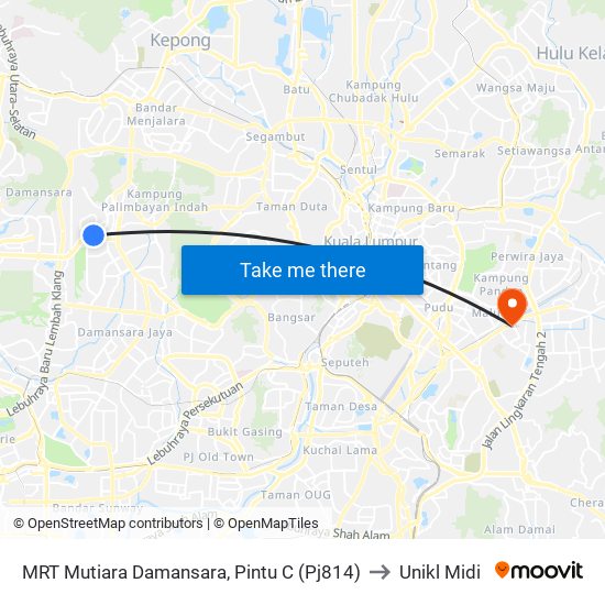 MRT Mutiara Damansara, Pintu C (Pj814) to Unikl Midi map
