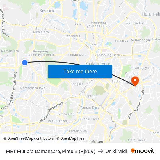 MRT Mutiara Damansara, Pintu B (Pj809) to Unikl Midi map