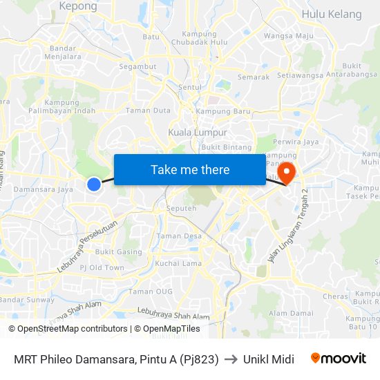 MRT Phileo Damansara, Pintu A (Pj823) to Unikl Midi map