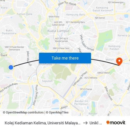 Kolej Kediaman Kelima, Universiti Malaya (Kl2343) to Unikl Midi map