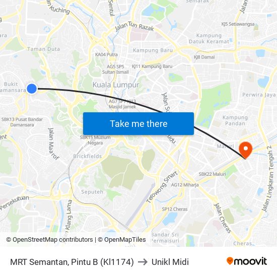 MRT Semantan, Pintu B (Kl1174) to Unikl Midi map