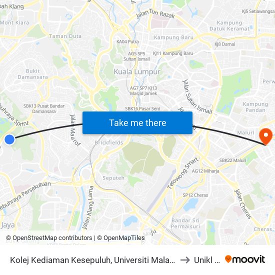 Kolej Kediaman Kesepuluh, Universiti Malaya (Opp) (Kl2345) to Unikl Midi map