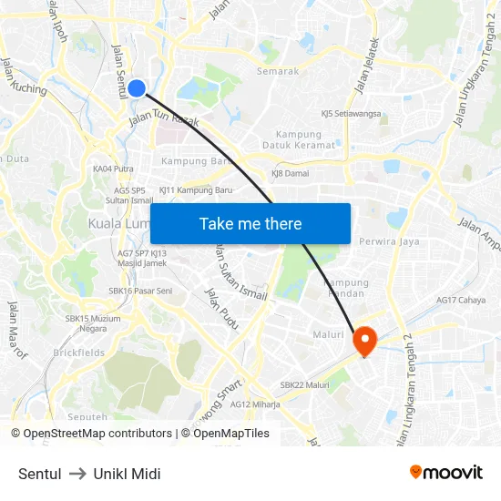 Sentul to Unikl Midi map