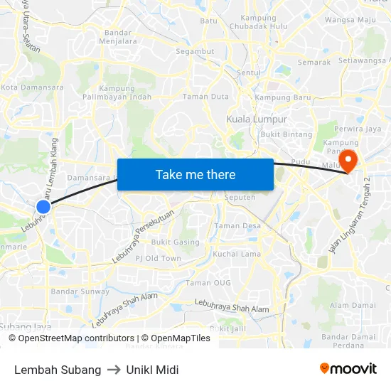Lembah Subang to Unikl Midi map