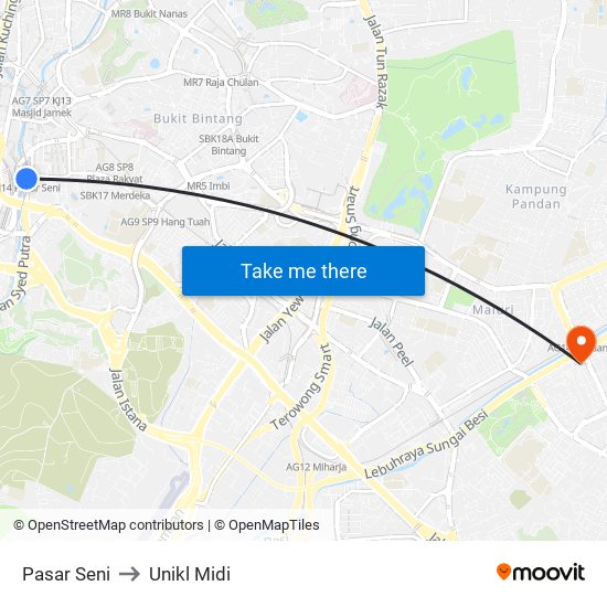 Pasar Seni to Unikl Midi map