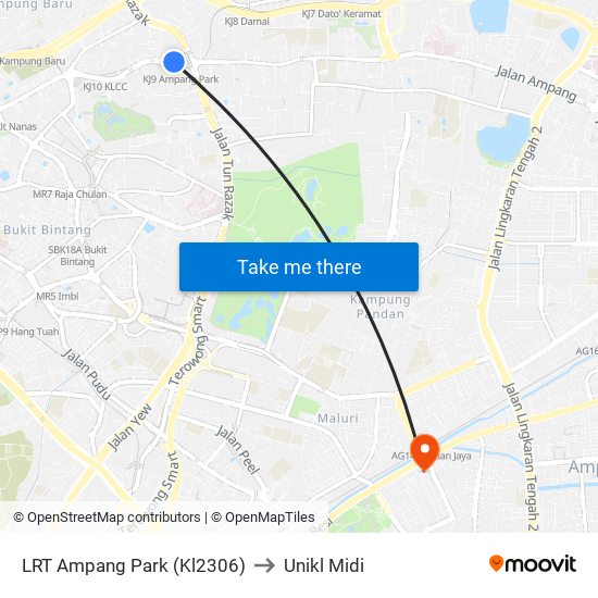 LRT Ampang Park (Kl2306) to Unikl Midi map